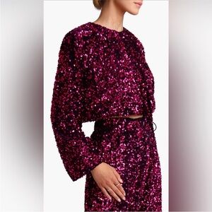 Avec Les Filles Sequin Long Sleeve Crop Top in Ruby Metallic Burgundy Velvet